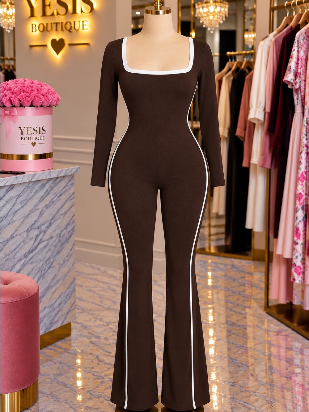 Brown Square-Neck Jumpsuit with White Trim